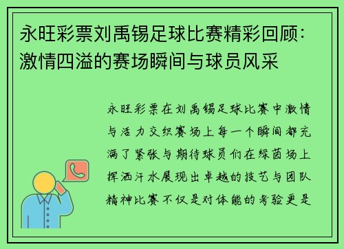 永旺彩票刘禹锡足球比赛精彩回顾：激情四溢的赛场瞬间与球员风采