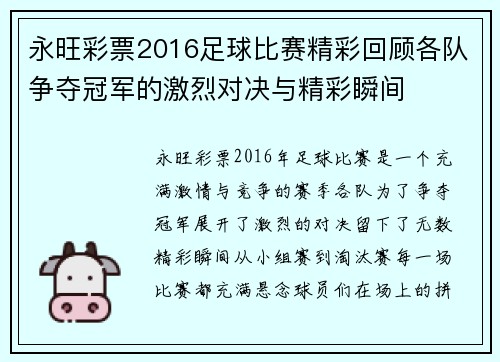 永旺彩票2016足球比赛精彩回顾各队争夺冠军的激烈对决与精彩瞬间