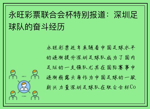 永旺彩票联合会杯特别报道：深圳足球队的奋斗经历