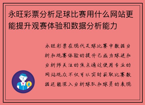 永旺彩票分析足球比赛用什么网站更能提升观赛体验和数据分析能力